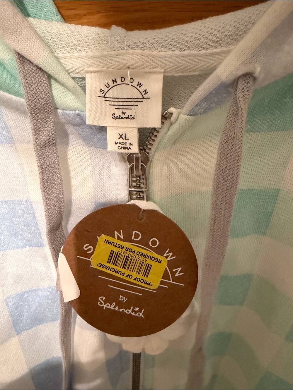 Splendid Pastel Gingham Hooded Zip Sweatshirt - Blue, Mint, Pink - Picture 3 of 3